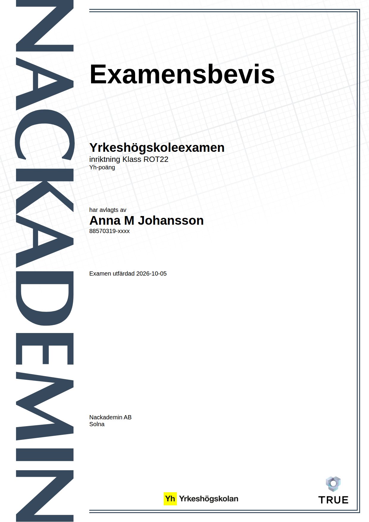 Exempel: diplom för Klass ROT22 från Nackademin