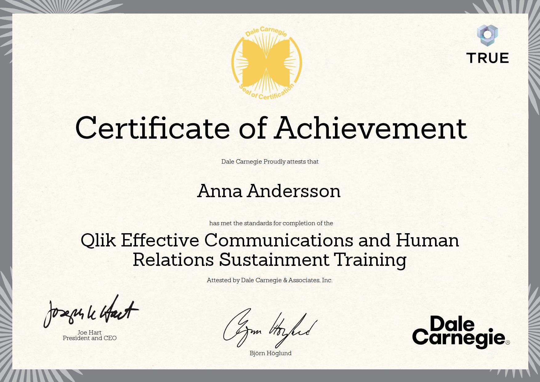 Exempel: diplom för Qlik Effective Communications and Human Relations Sustainment Training från Dale Carnegie