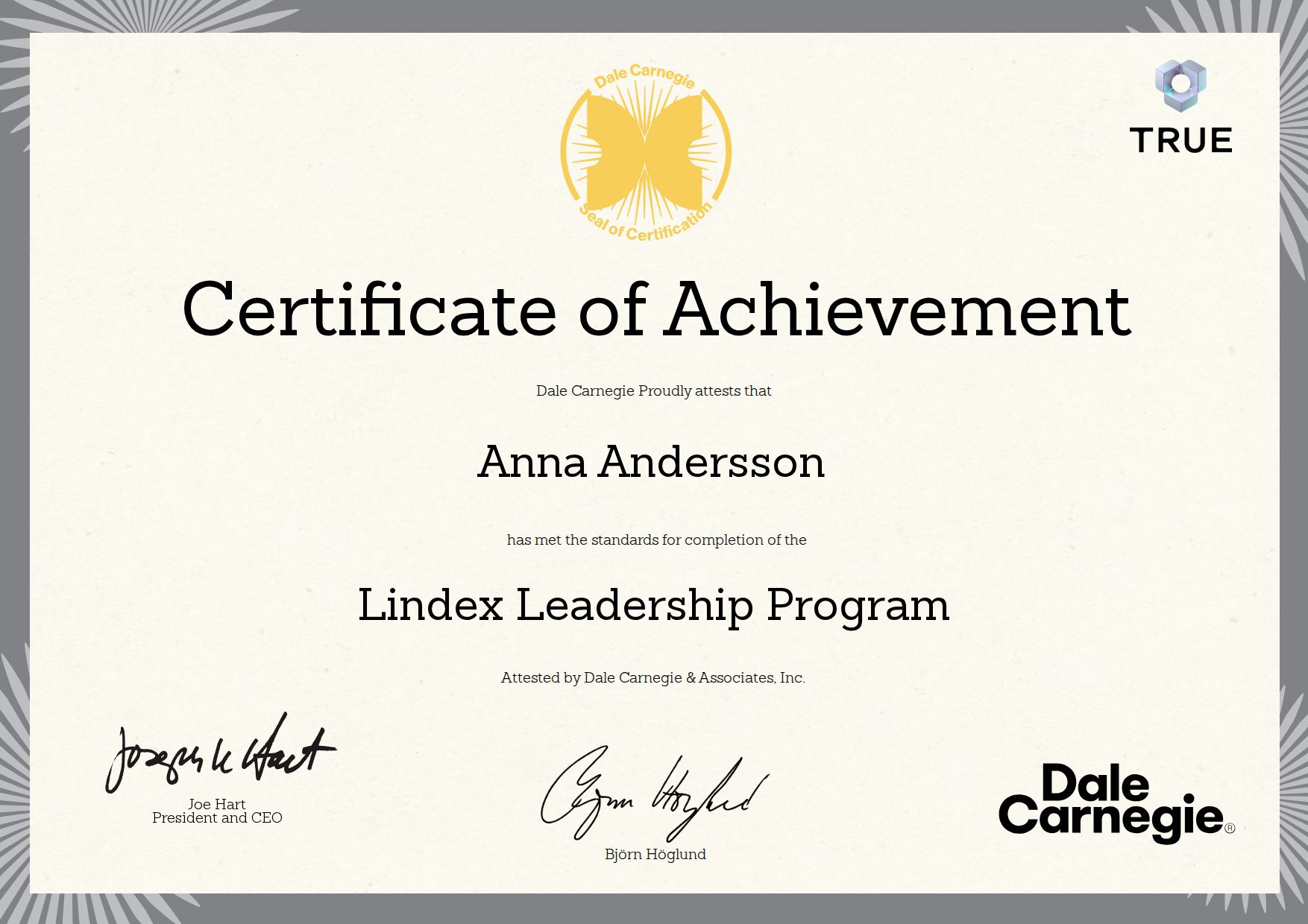 Exempel: diplom för Lindex Leadership Program från Dale Carnegie