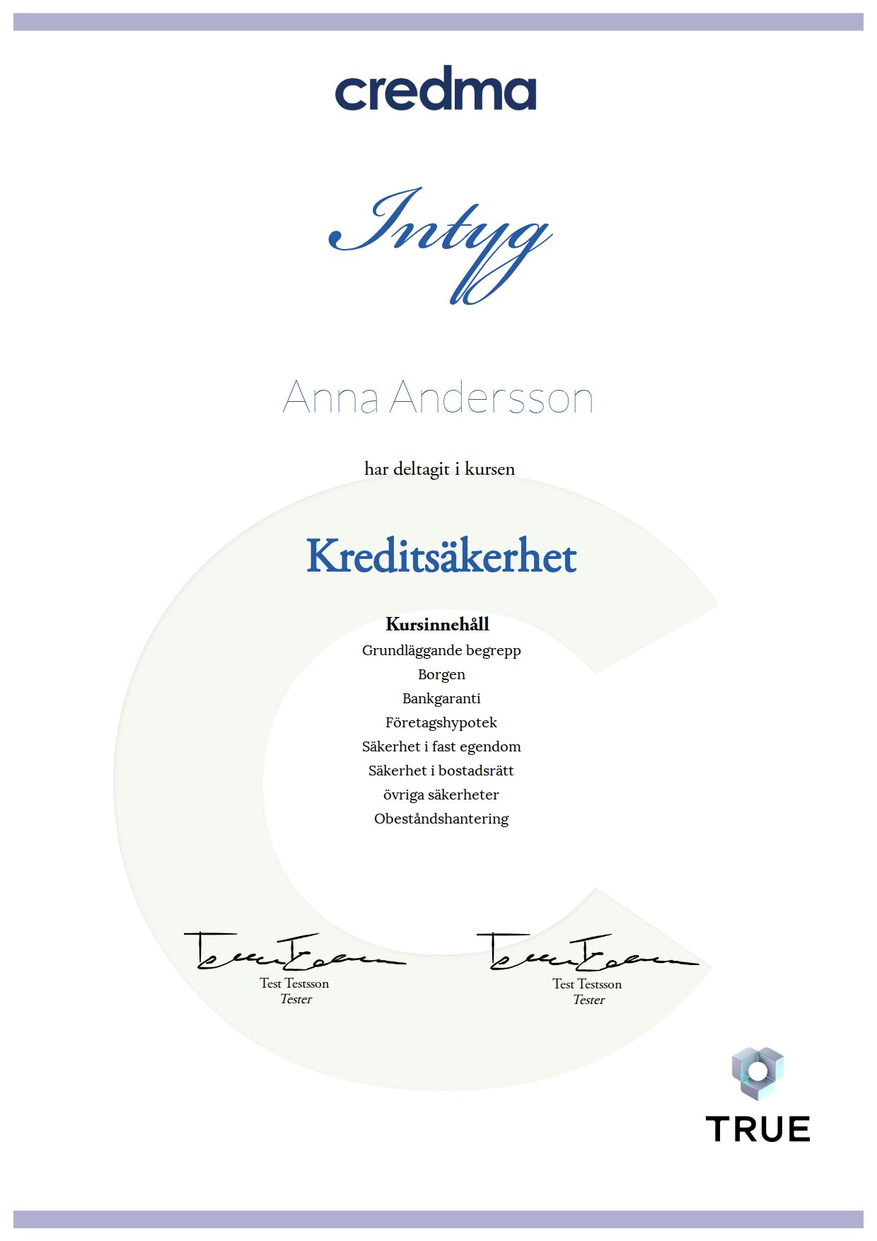 Example certificate for Credit Security from Credma