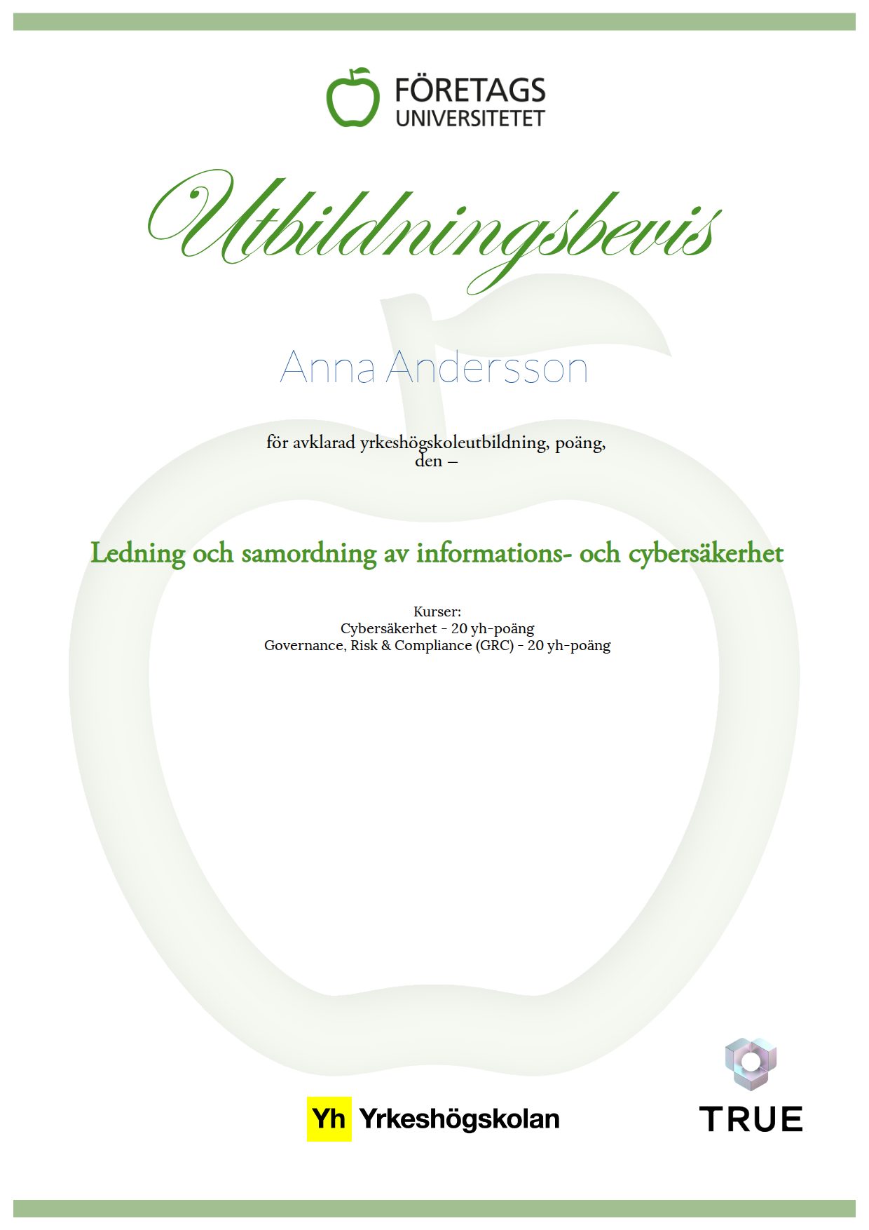 Example certificate for Management and coordination of information and cyber security from Företagsuniversitetet YH