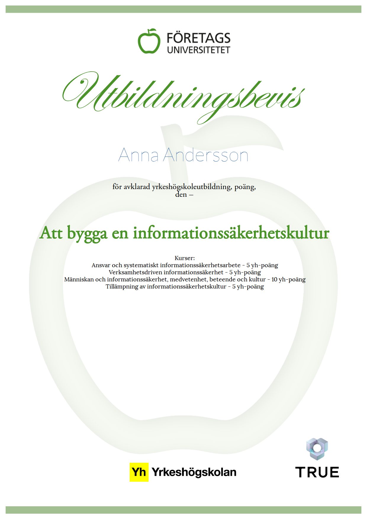 Example certificate for Building an Information Security Culture from Företagsuniversitetet YH