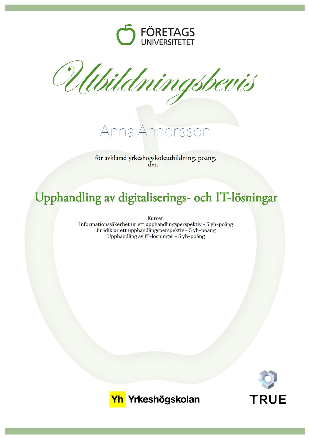 Example certificate for Procurement of digitalisation and IT solutions from Företagsuniversitetet YH