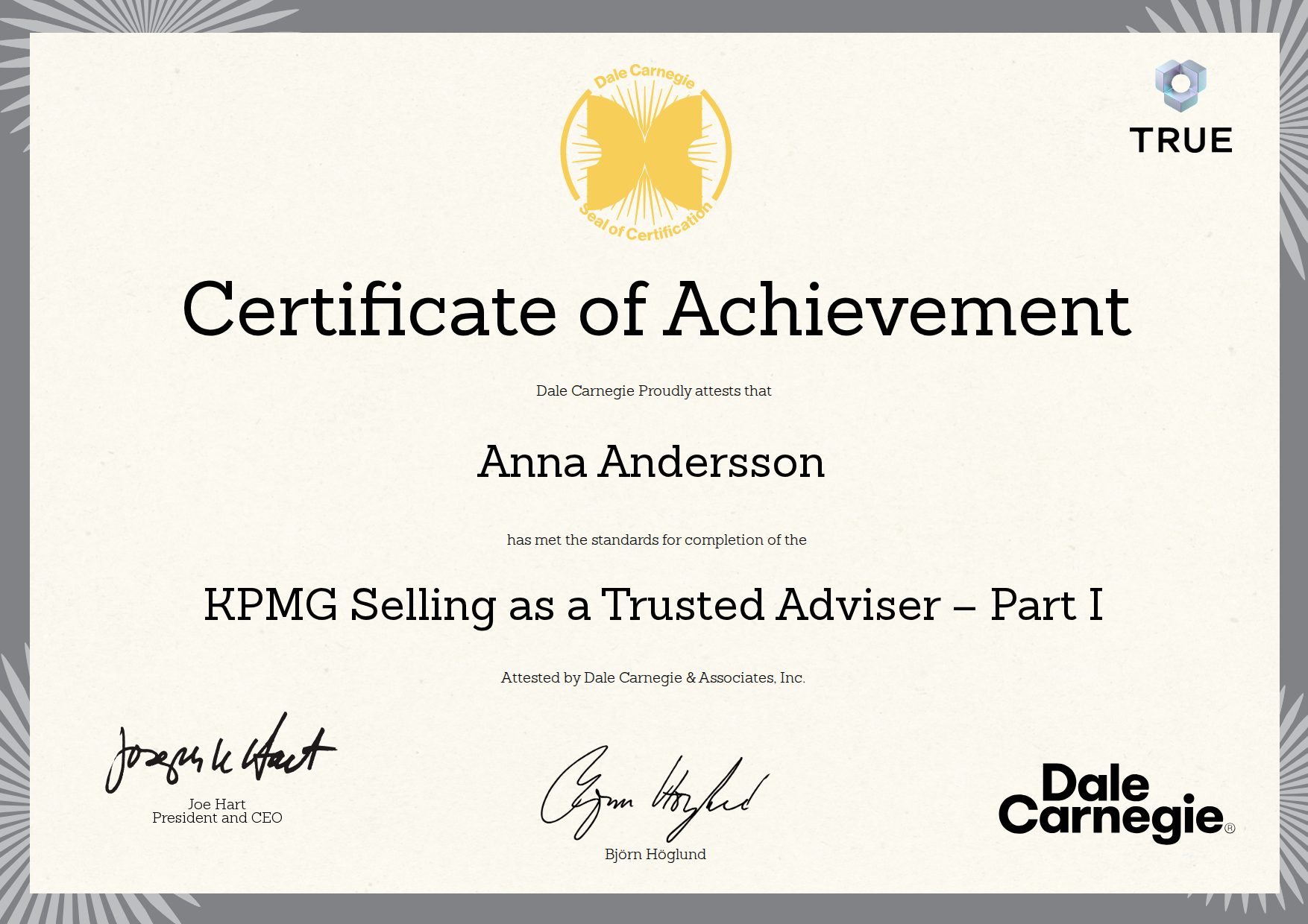 Exempel: diplom för KPMG Selling as a Trusted Adviser – Part I från Dale Carnegie