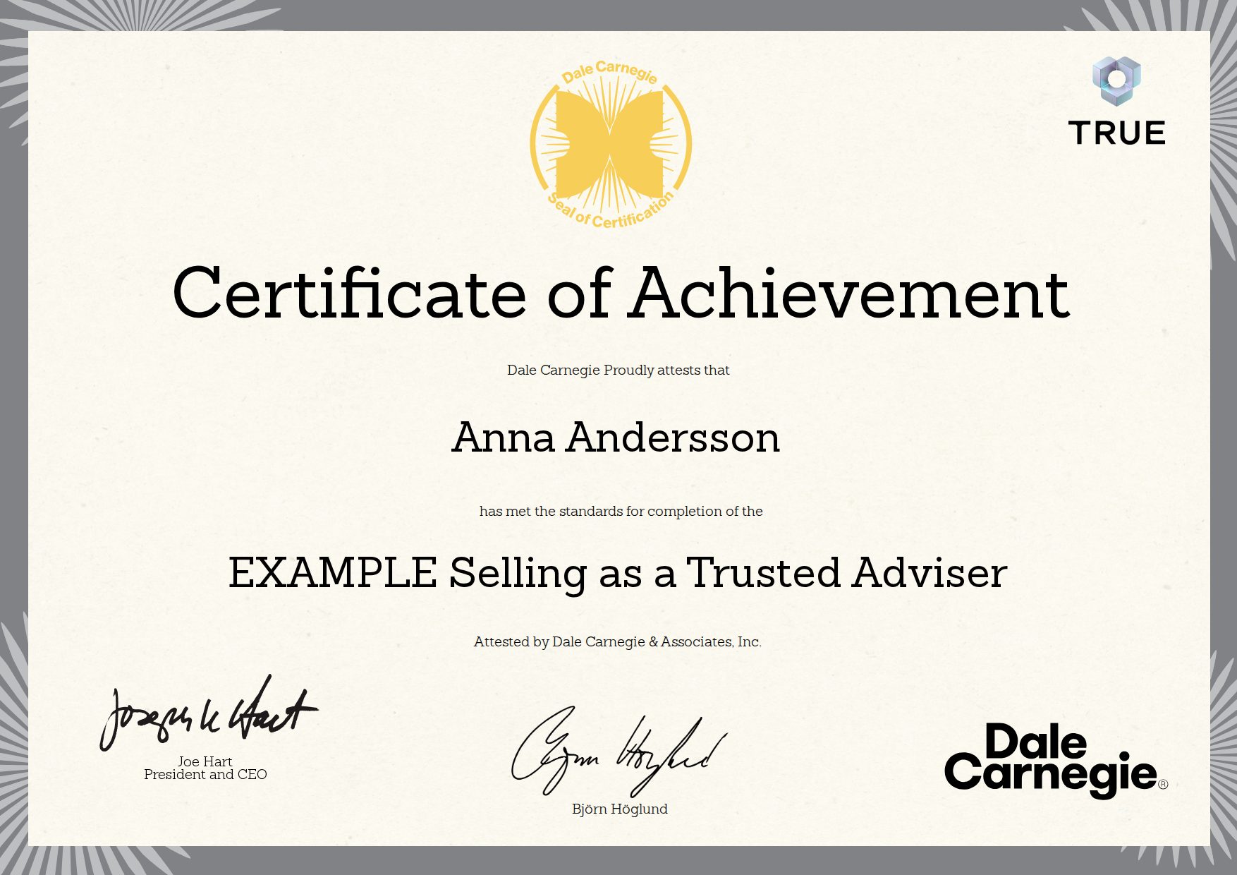 Exempel: diplom för EXAMPLE Selling as a Trusted Adviser från Dale Carnegie