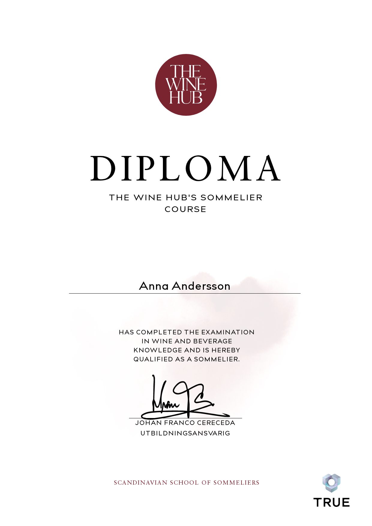 Exempel: diplom för Sommelier Course från The Wine Hub Sommeliers