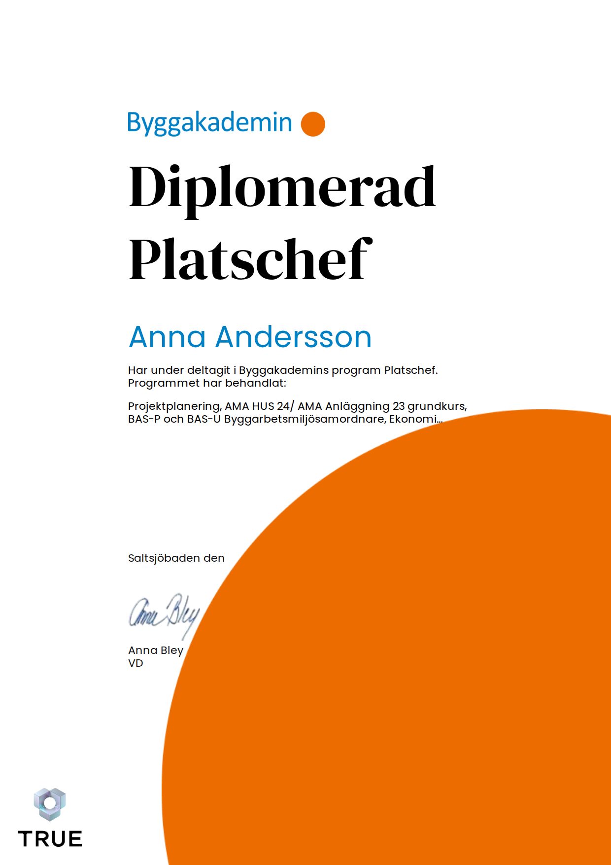 Exempel: diplom för Platschef från Byggakademin