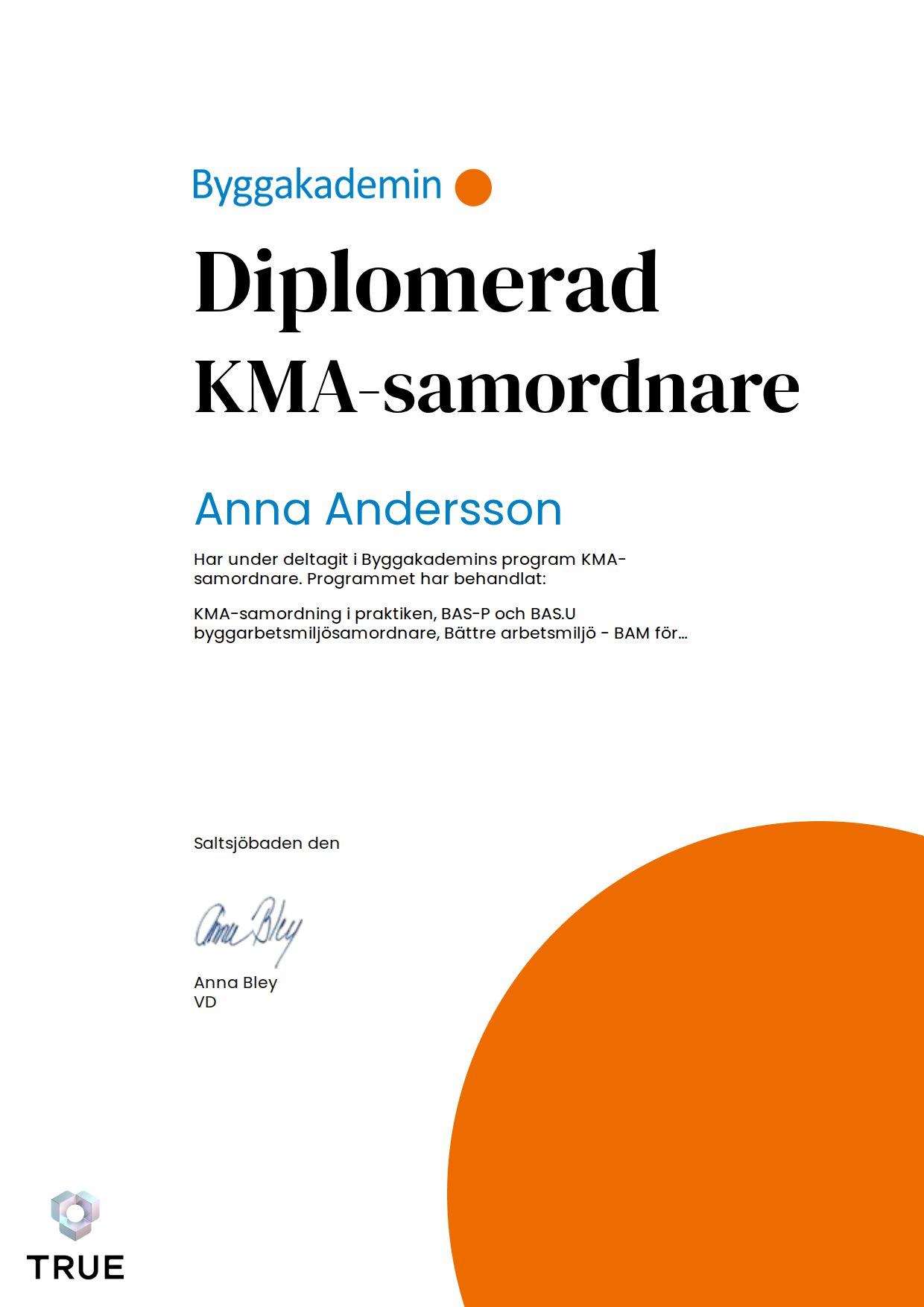 Example certificate for KMA coordinator from Byggakademin