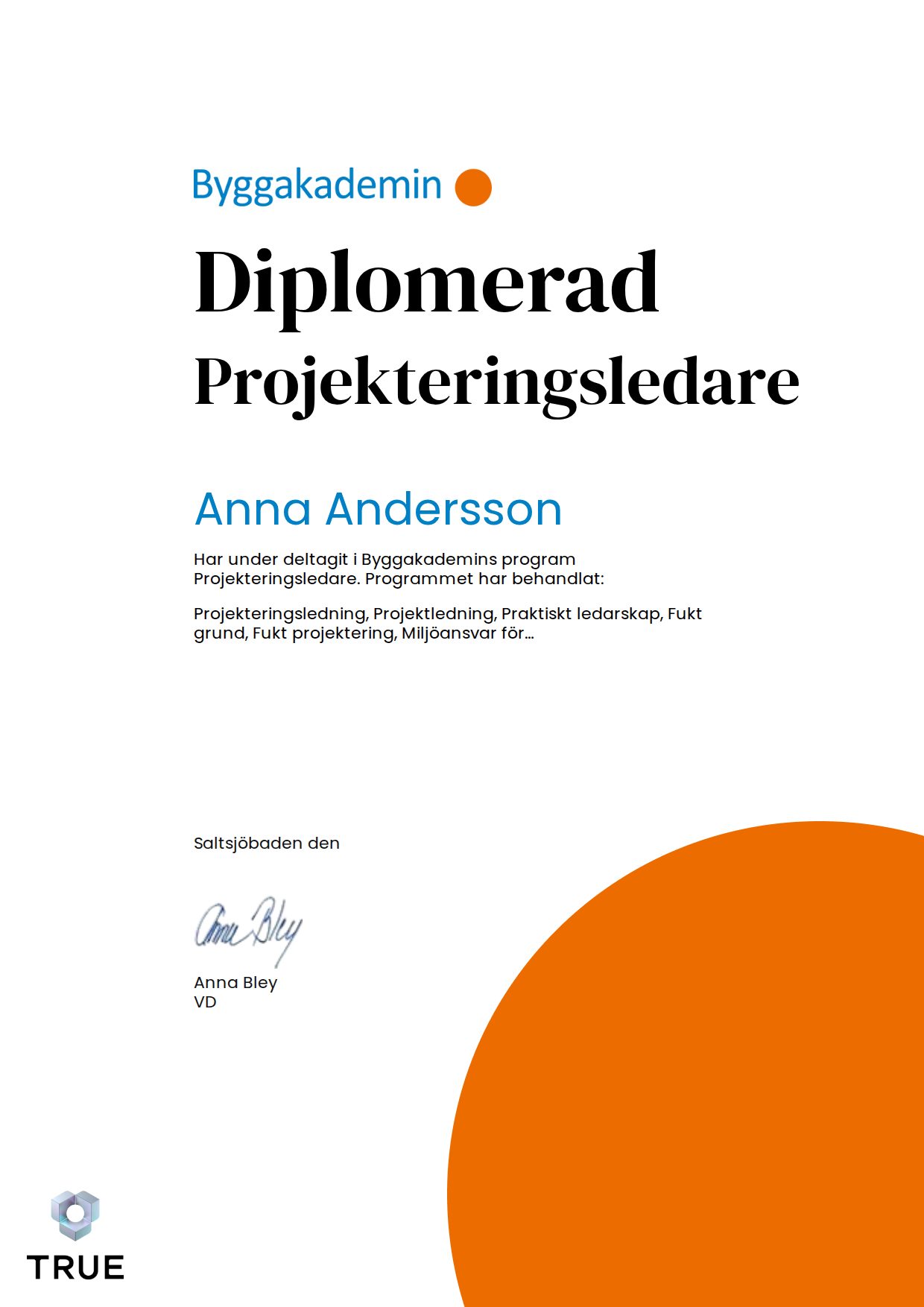 Exempel: diplom för Projekteringsledare från Byggakademin