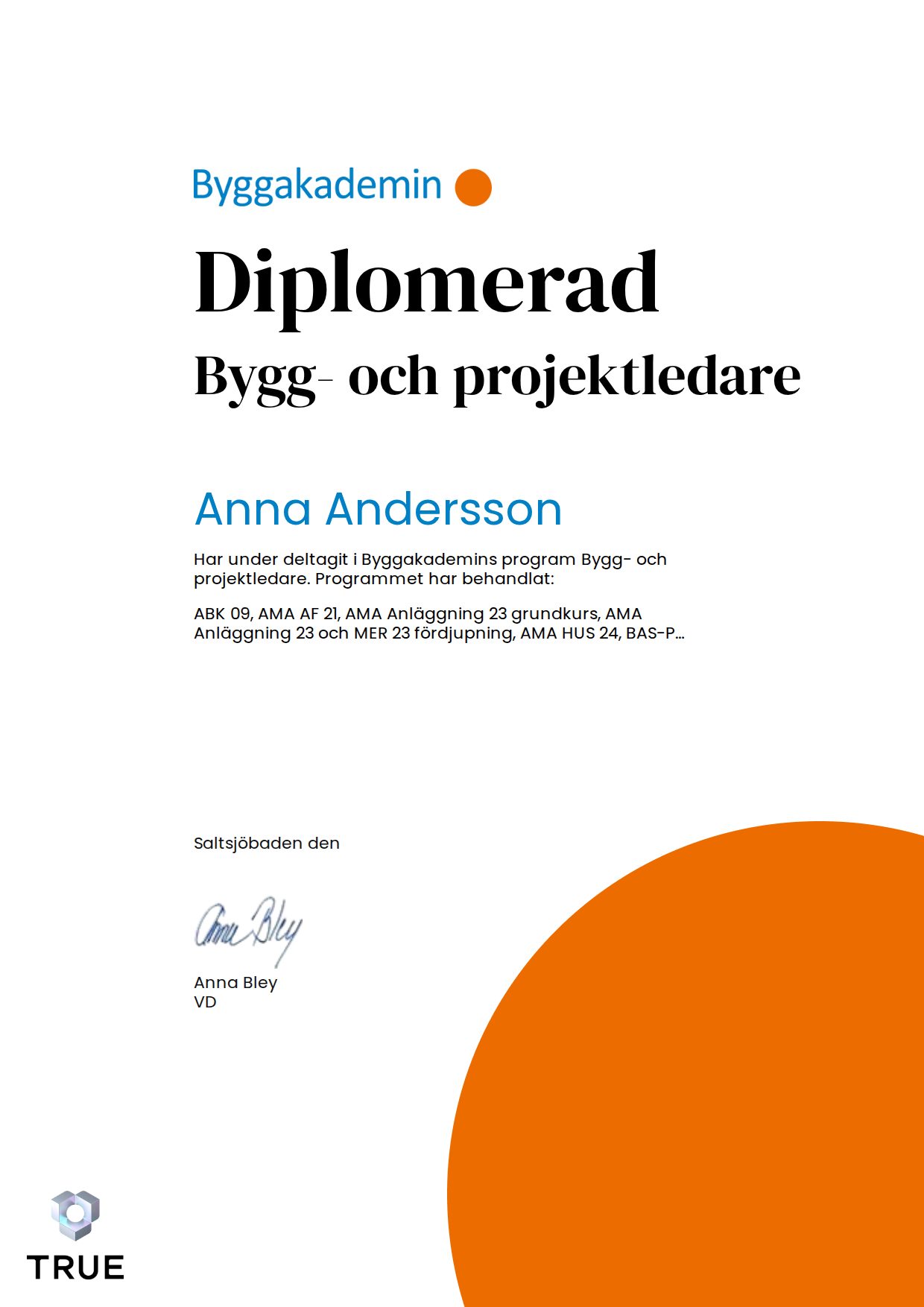 Exempel: diplom för Bygg- och projektledare från Byggakademin