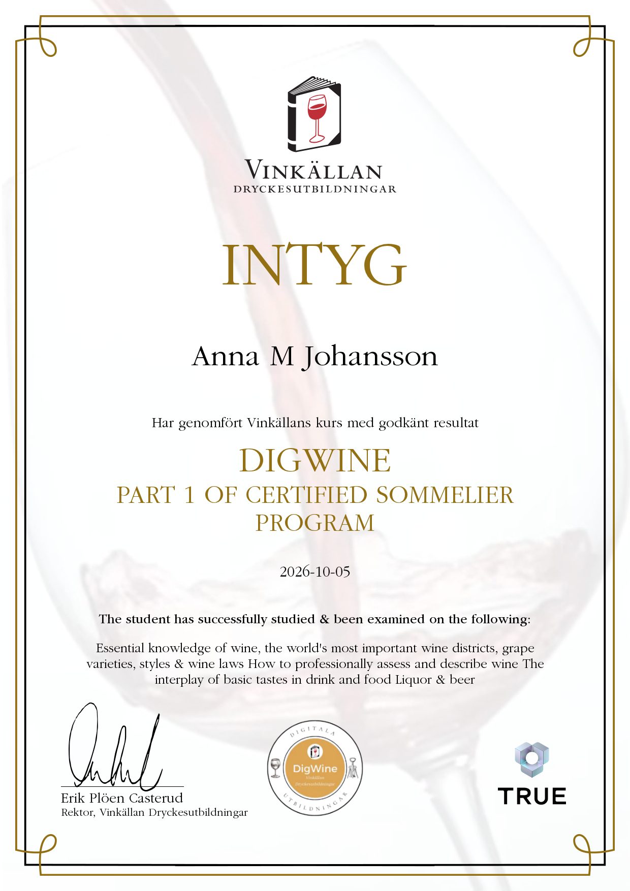Example certificate for Masterclass Champagne from Vinkällan Dryckesutbildningar