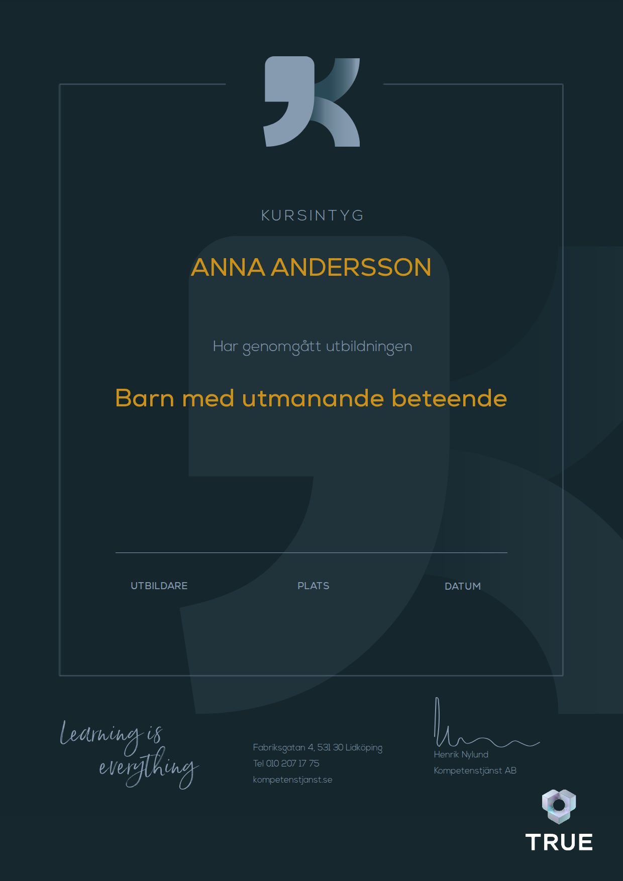 Exempel: diplom för Barn med utmanande beteende från Kompetenstjänst