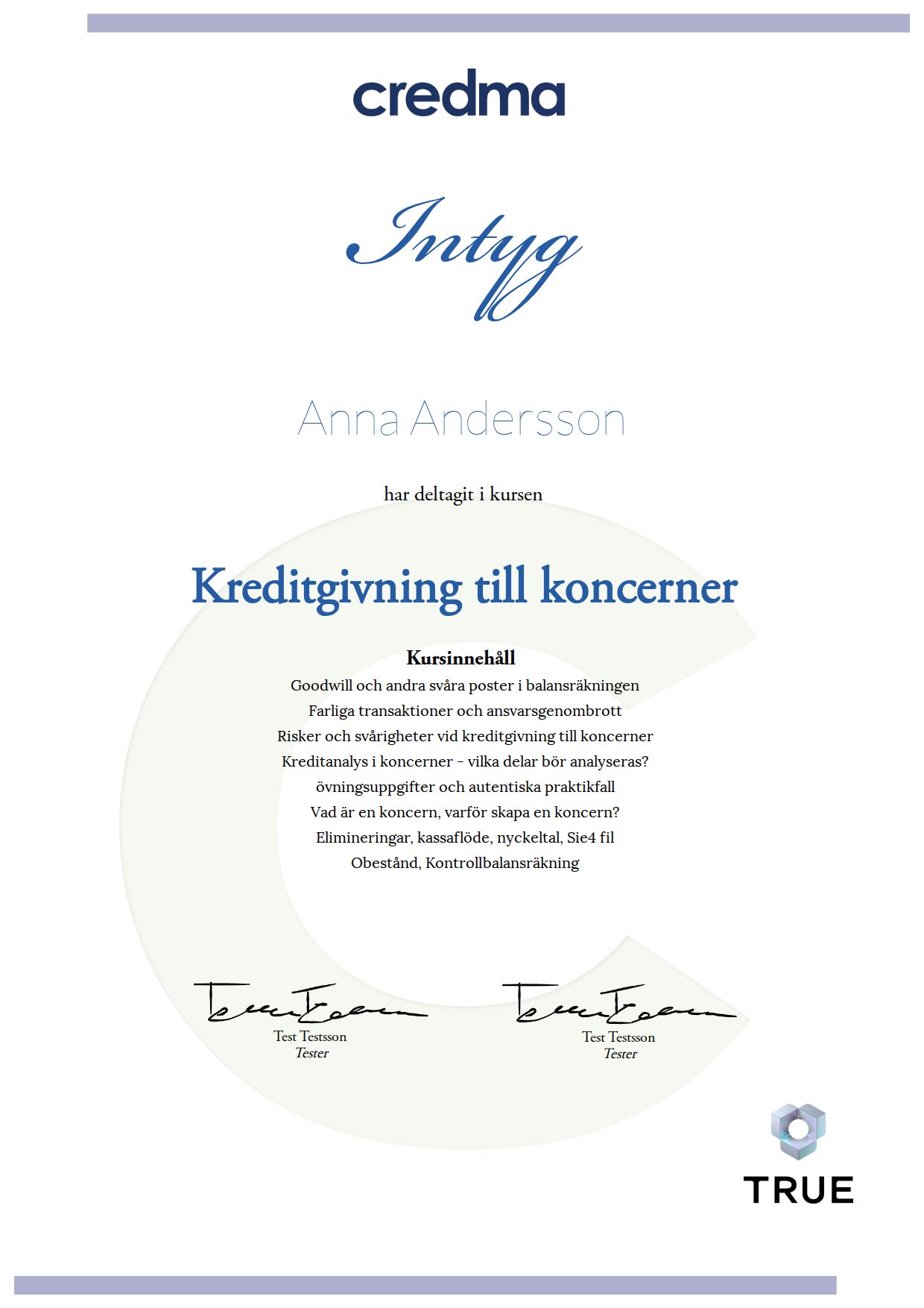 Example certificate for Lending to Corporate Groups from Credma