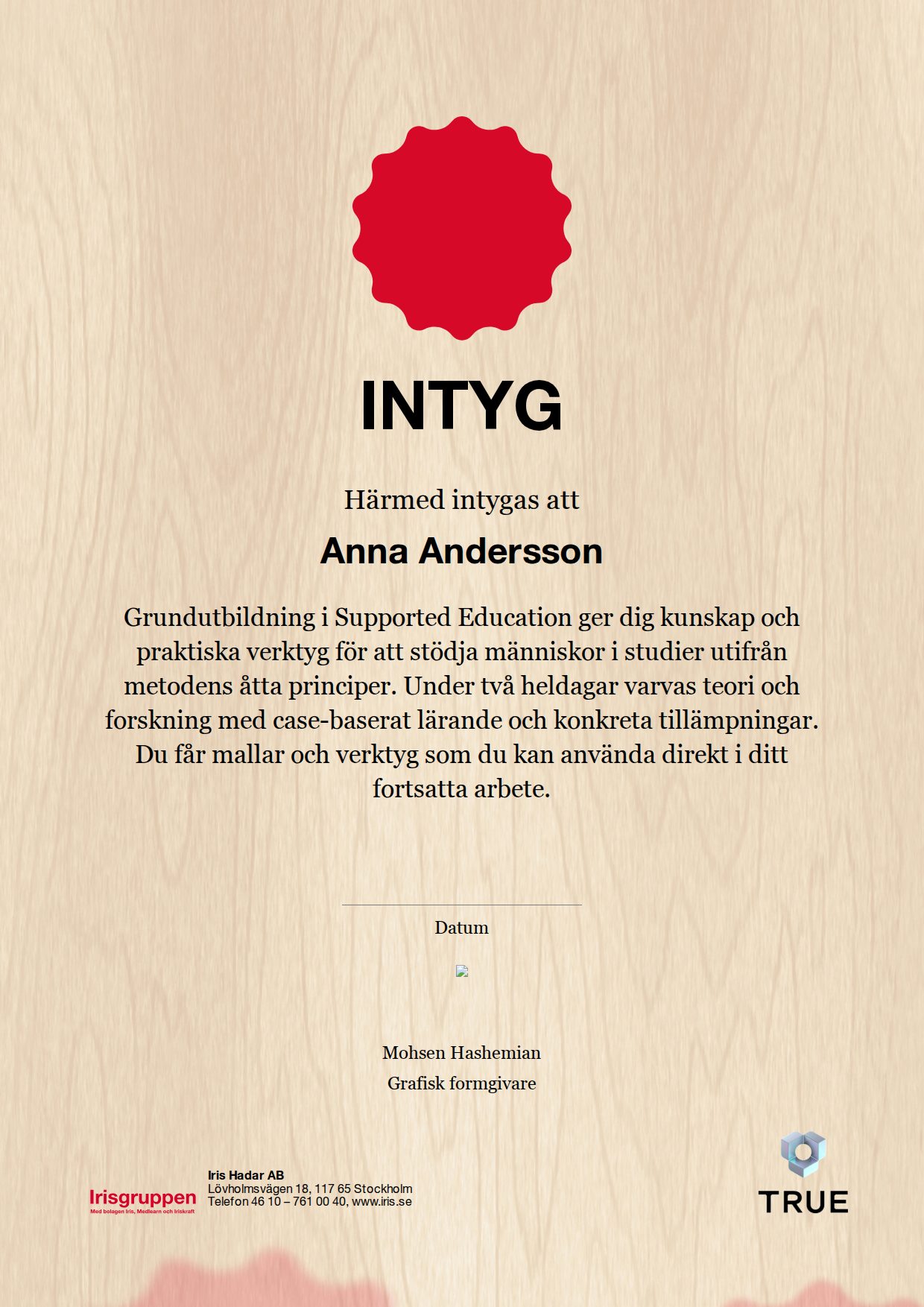 Exempel: diplom för Intyg från IRIS - Iris