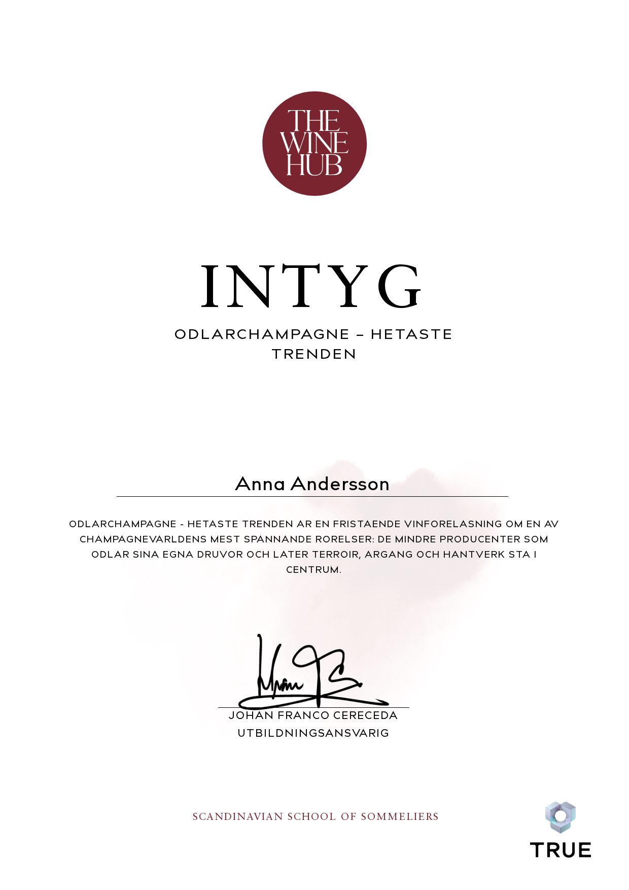 Example certificate for Grower Champagne: the Hottest Trend from The Wine Hub Sommeliers