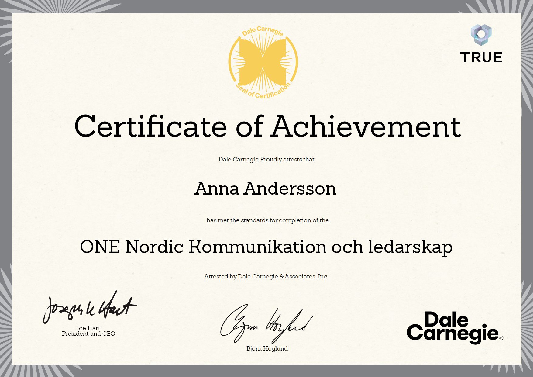 Exempel: diplom för ONE Nordic Kommunikation och ledarskap från Dale Carnegie
