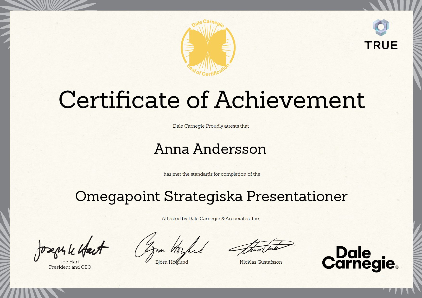 Exempel: diplom för Omegapoint Strategiska Presentationer från Dale Carnegie