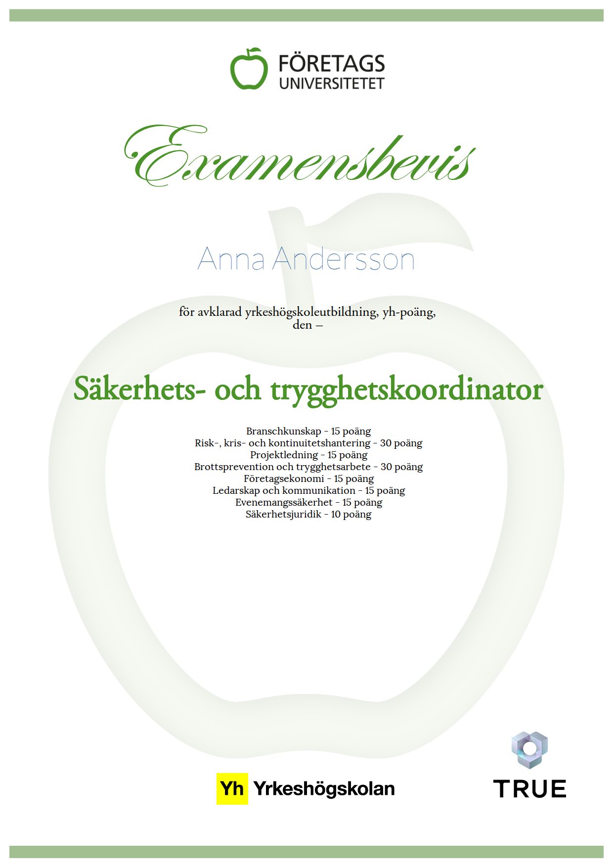 Example certificate for Security and Safety Coordinator from Företagsuniversitetet YH
