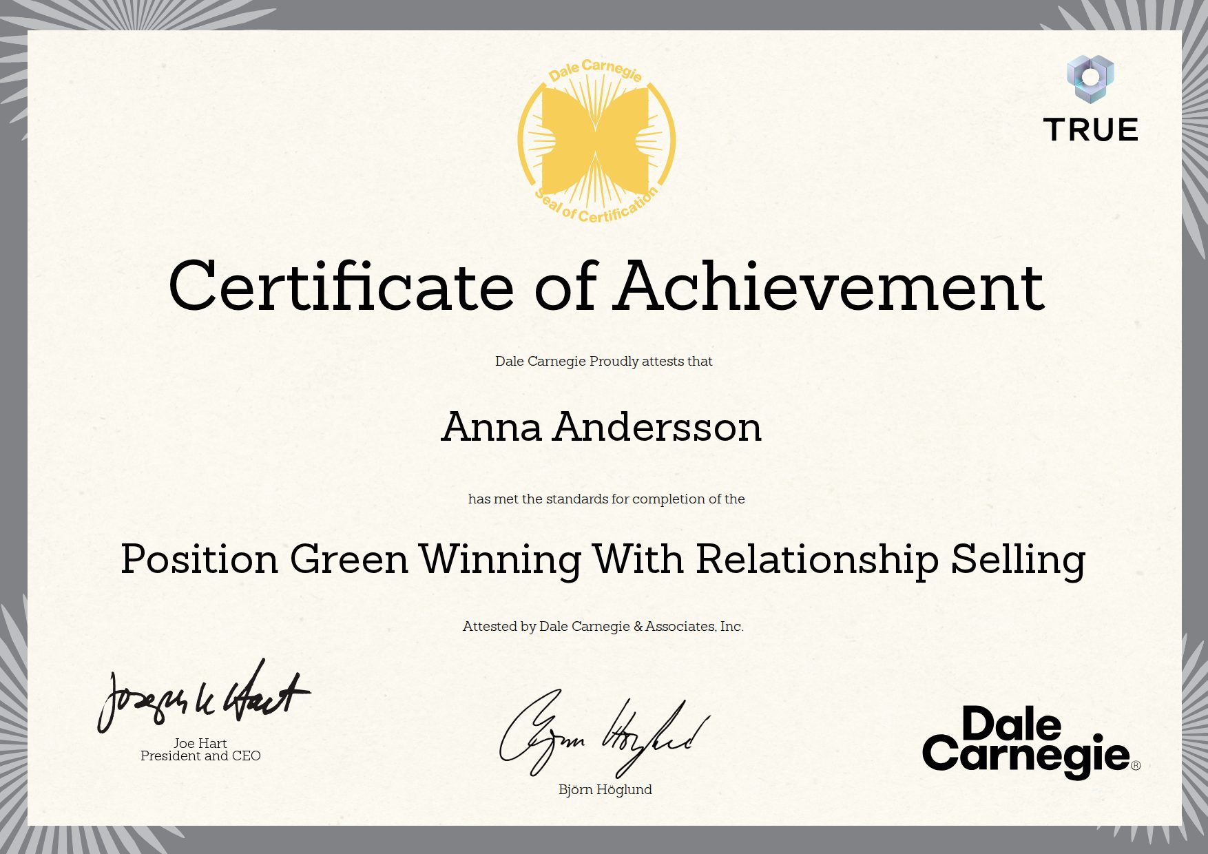 Exempel: diplom för Position Green Winning With Relationship Selling från Dale Carnegie