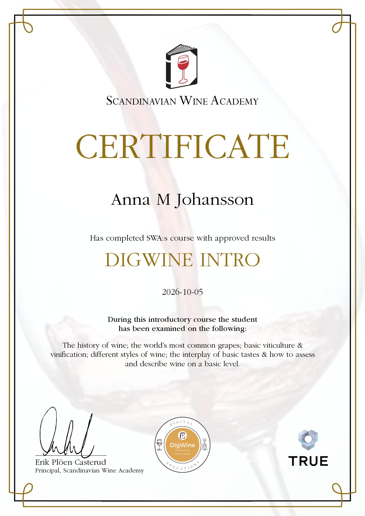 Exempel: diplom för Wine Service Certificate från Vinkällan Dryckesutbildningar