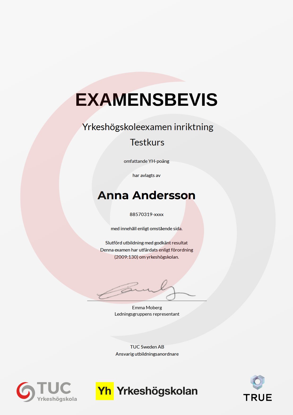 Example certificate for Odontology 1, 40 YH credits from TUC Yrkeshögskola