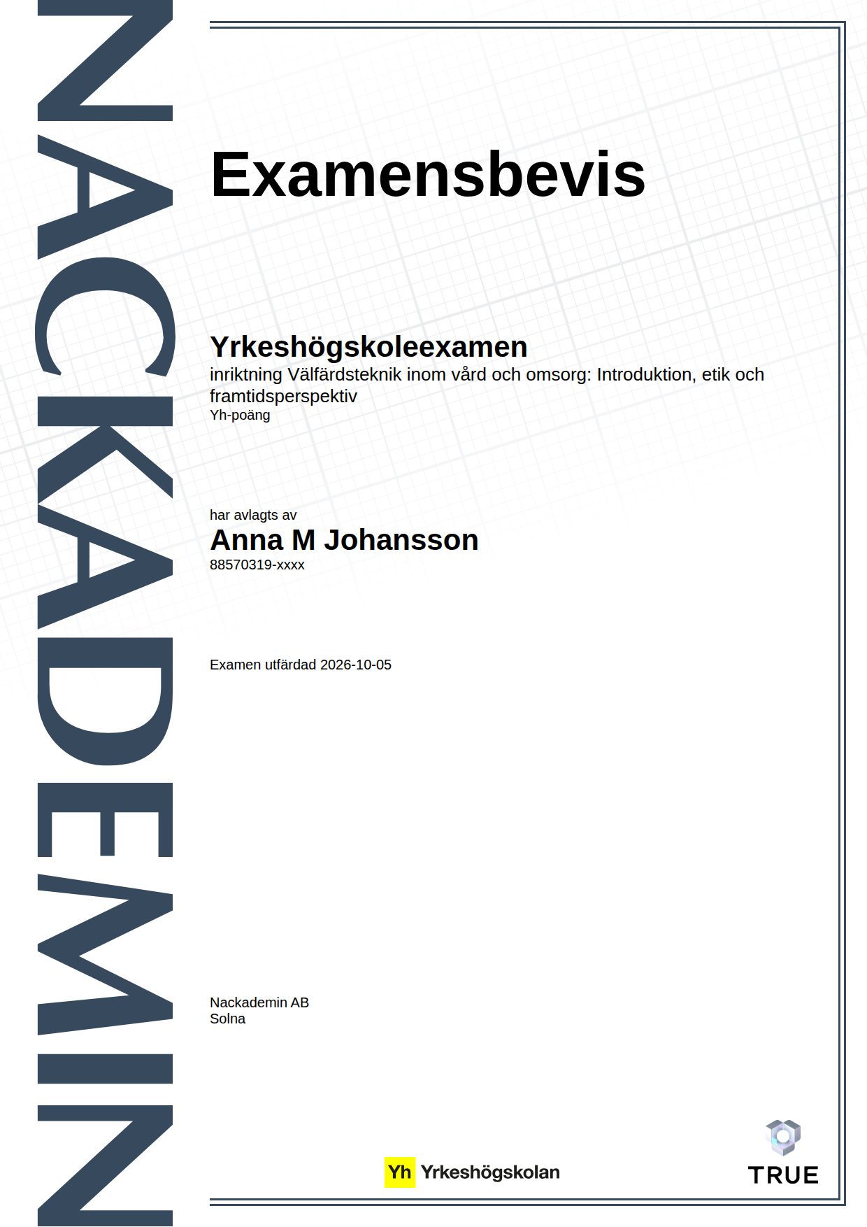 Exempel: diplom för Välfärdsteknik inom vård och omsorg: Introduktion, etik och framtidsperspektiv från Nackademin
