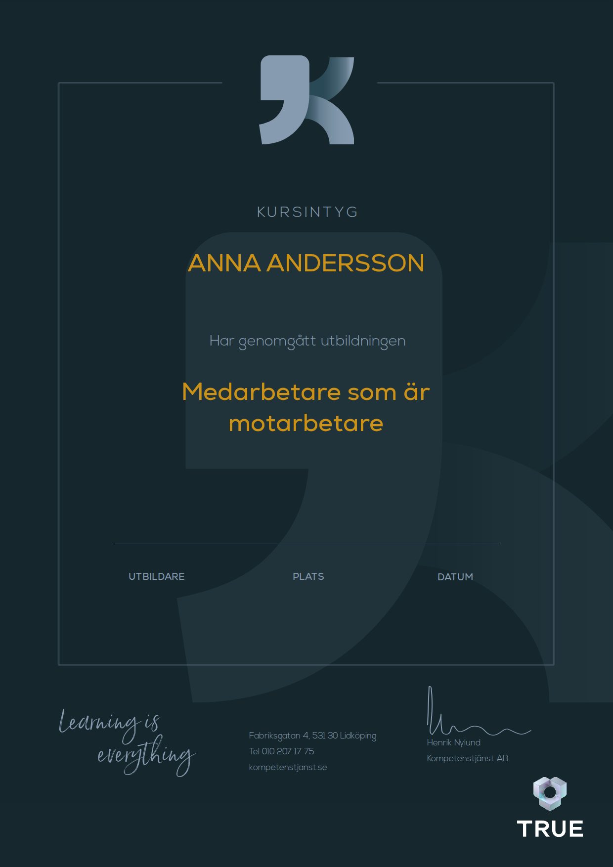 Example certificate for Employees who work against you from Kompetenstjänst