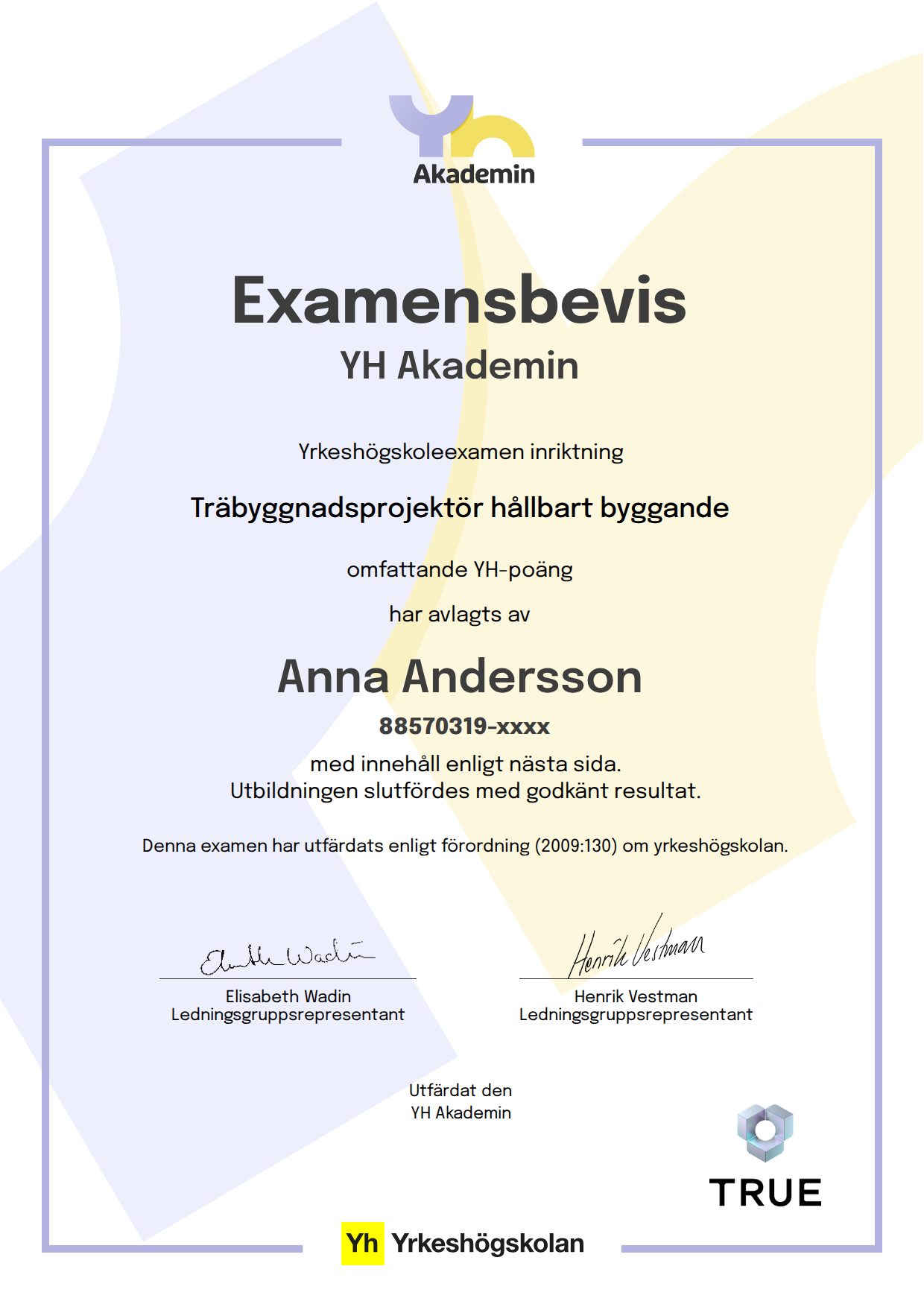 Example certificate for Timber Building Designer, Sustainable Construction from YH Akademin - (YA)