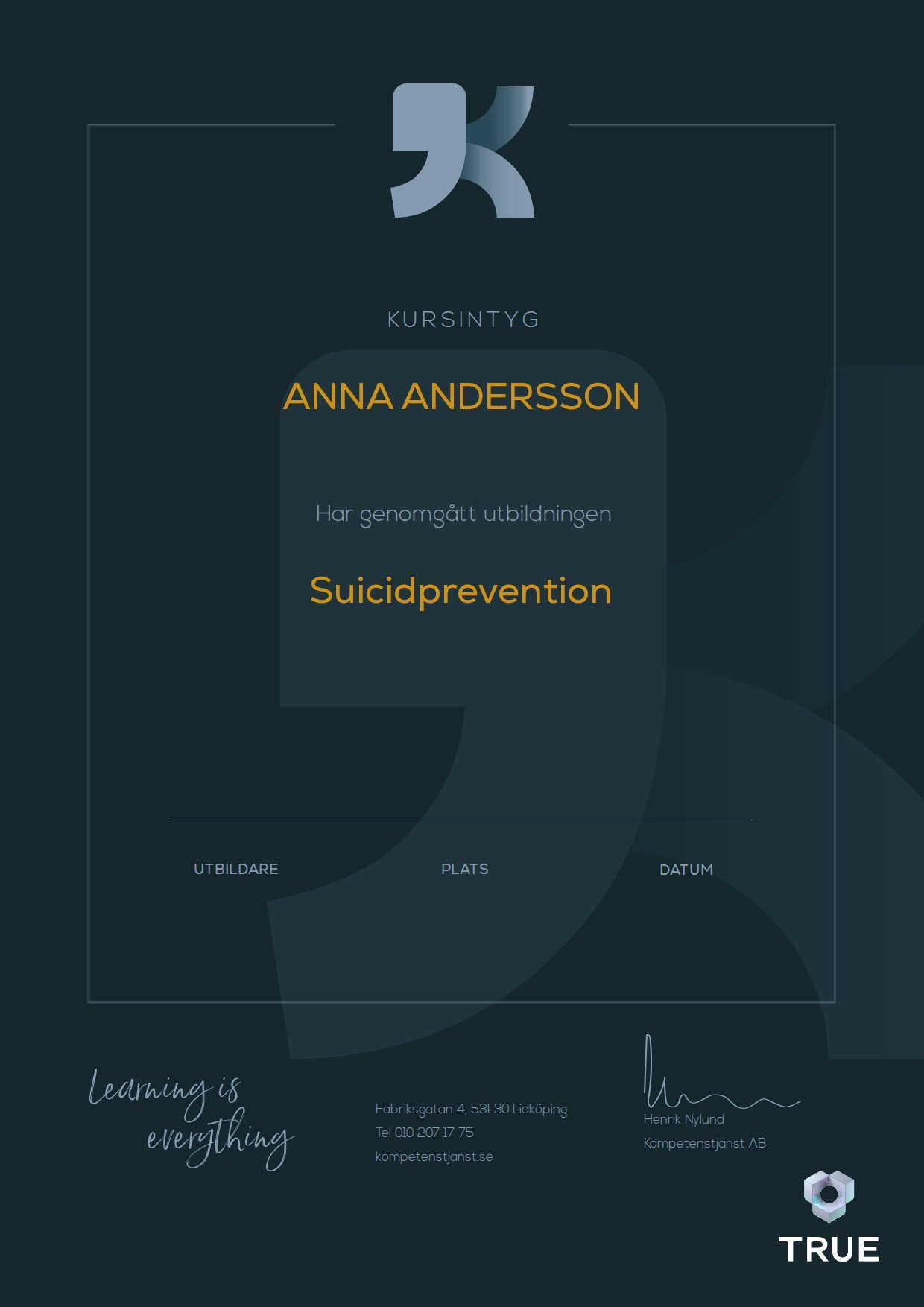 Exempel: diplom för Suicidprevention från Kompetenstjänst