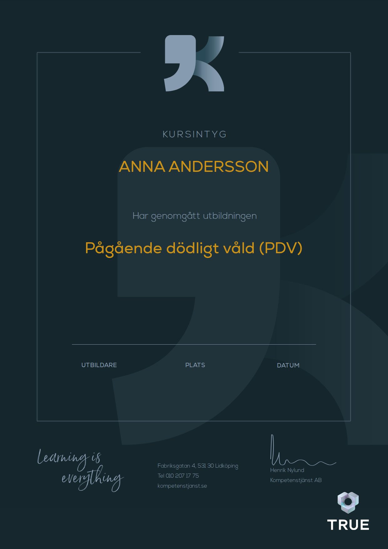 Exempel: diplom för Pågående dödligt våld (PDV) från Kompetenstjänst