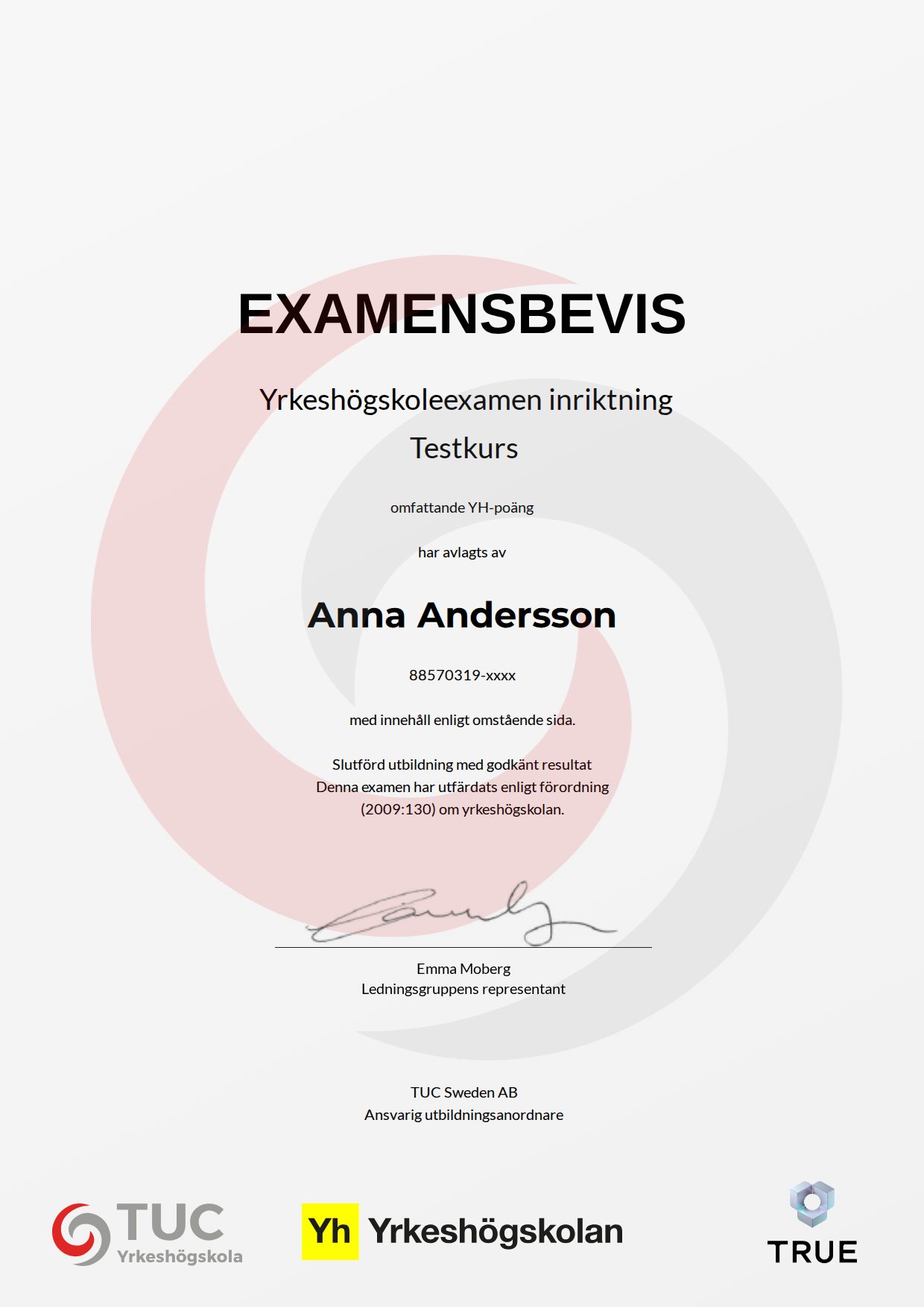Example certificate for Organisation and Labour Law, 15 YH credits from TUC Yrkeshögskola