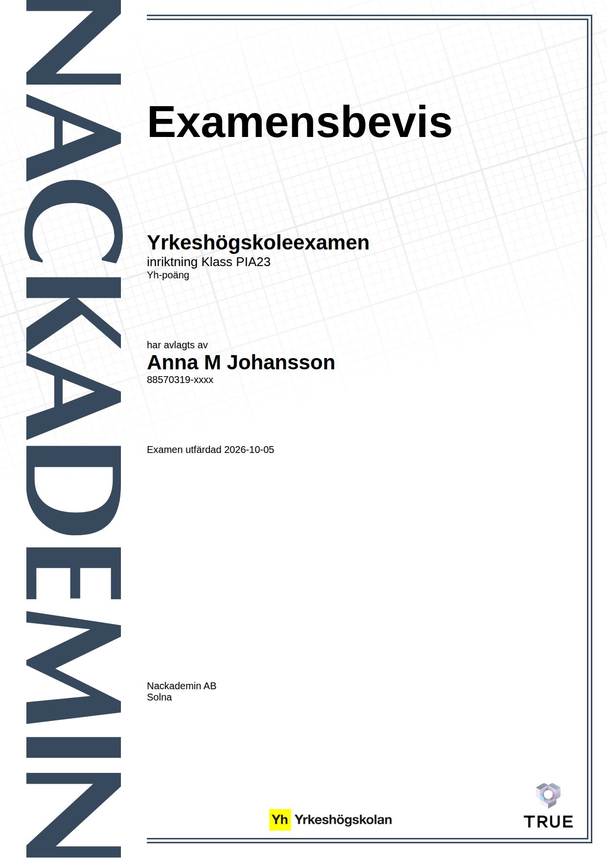 Exempel: diplom för Klass PIA23 från Nackademin