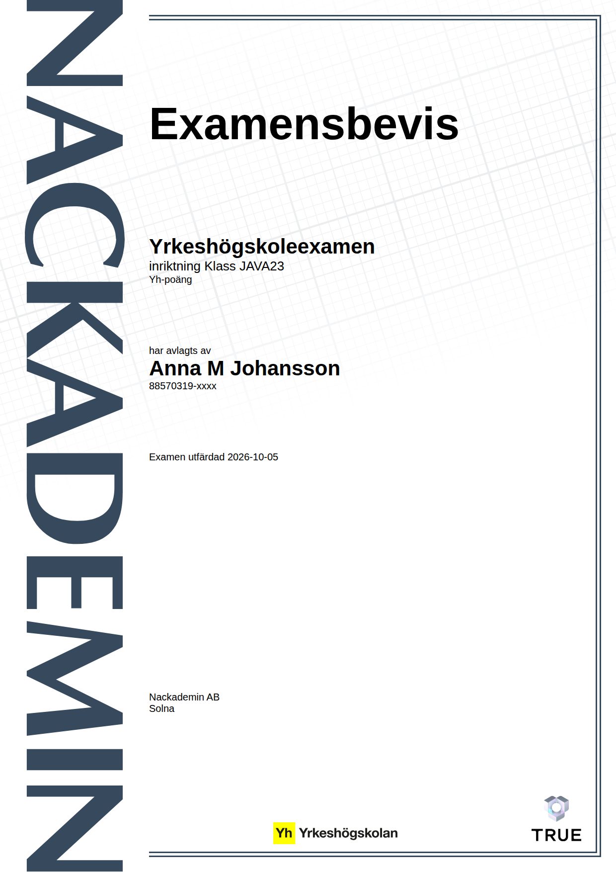 Example certificate for Class JAVA23 from Nackademin