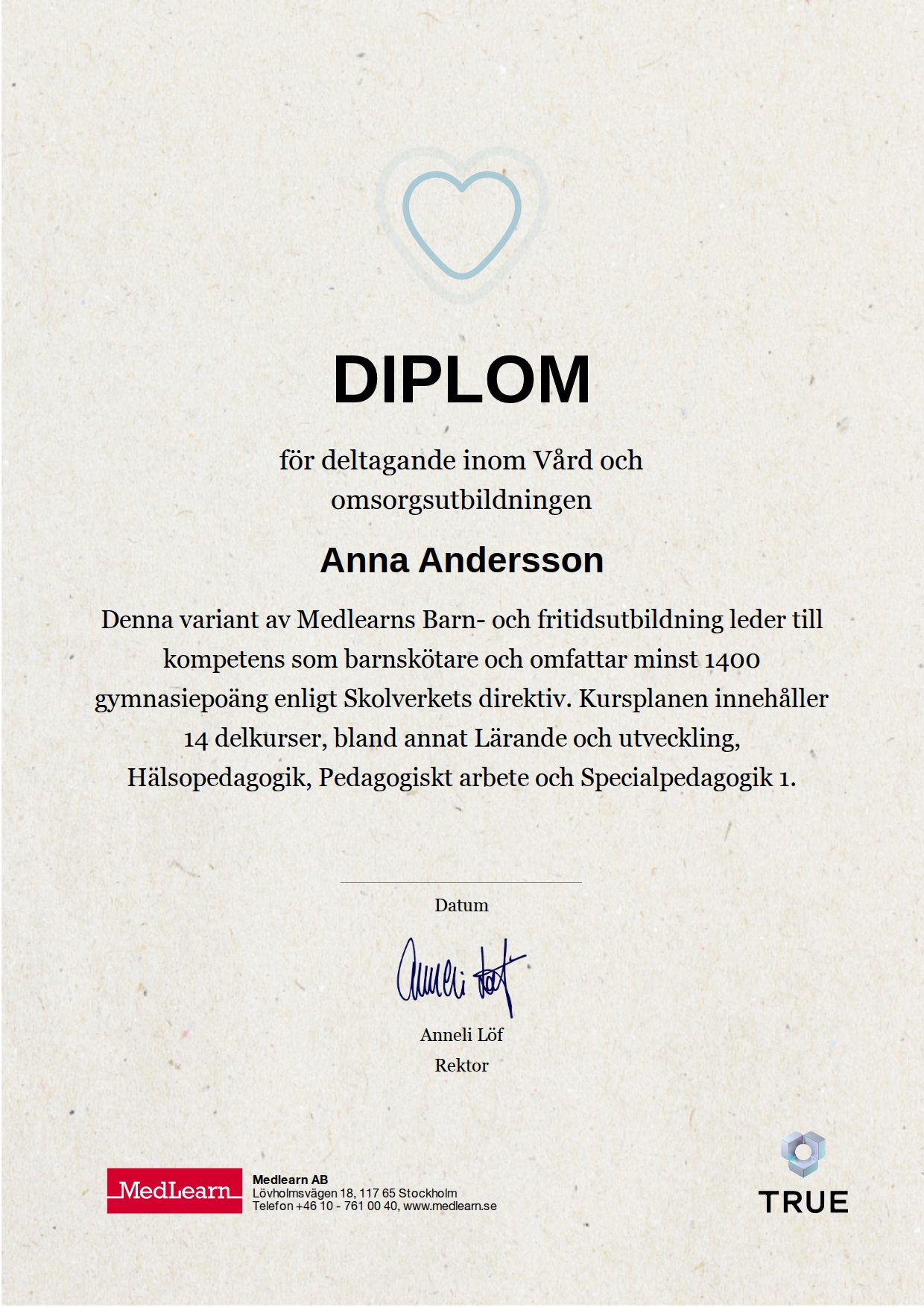 Exempel: diplom för Barn och fritidsutbildningen - Barnskötare från IRIS - MedLearn