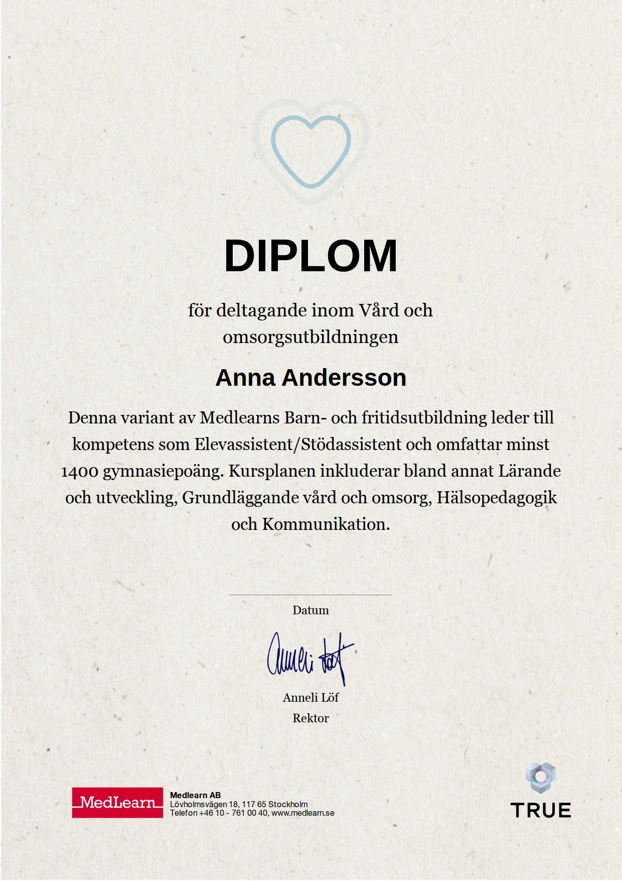Example certificate for Child and Recreation Programme - Student Assistant/Support Assistant from IRIS - MedLearn