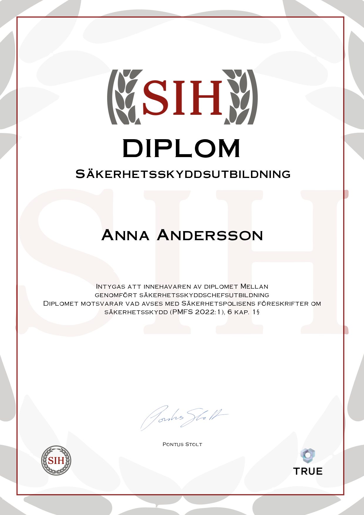 Example certificate for Säkerhetsskyddsutbildning from SIH - Stockholms Internationella Handelsskola