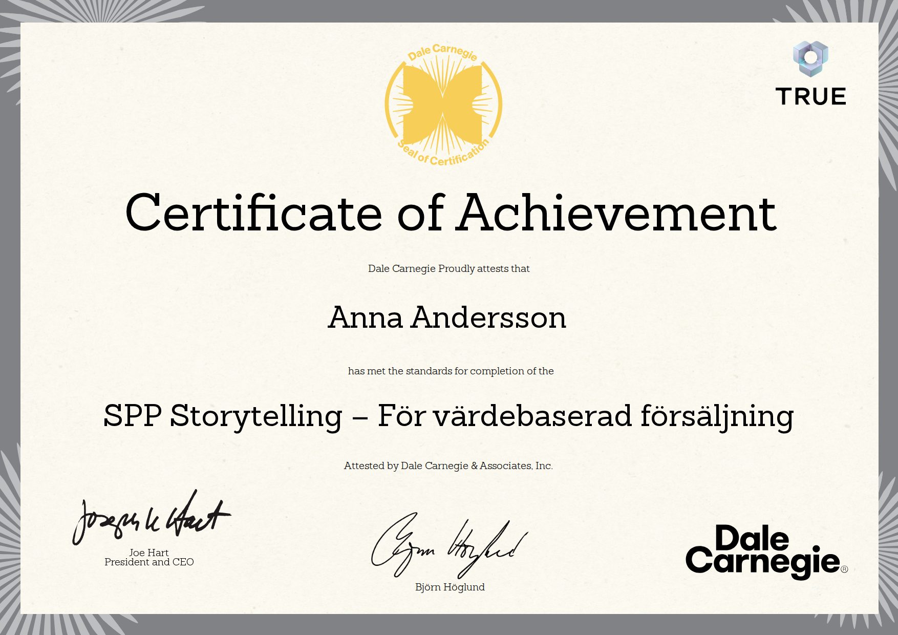 Exempel: diplom för SPP Storytelling – För värdebaserad försäljning från Dale Carnegie