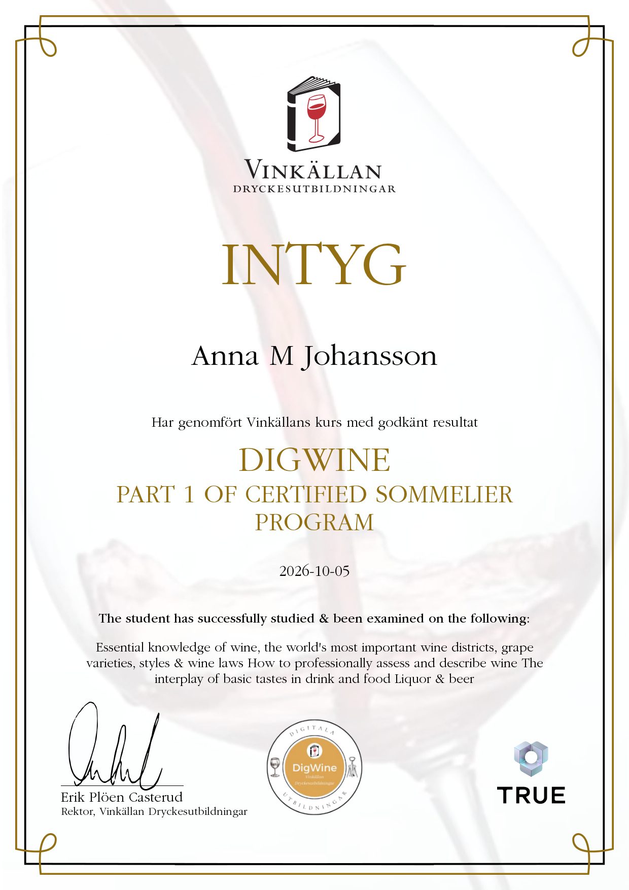 Example certificate for Step 1 from Vinkällan Dryckesutbildningar