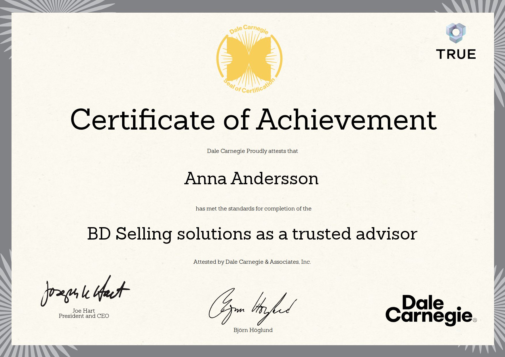 Exempel: diplom för BD Selling solutions as a trusted advisor från Dale Carnegie