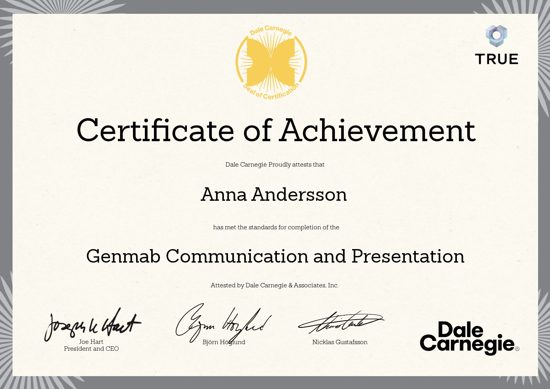 Exempel: diplom för Genmab Communication and Presentation från Dale Carnegie