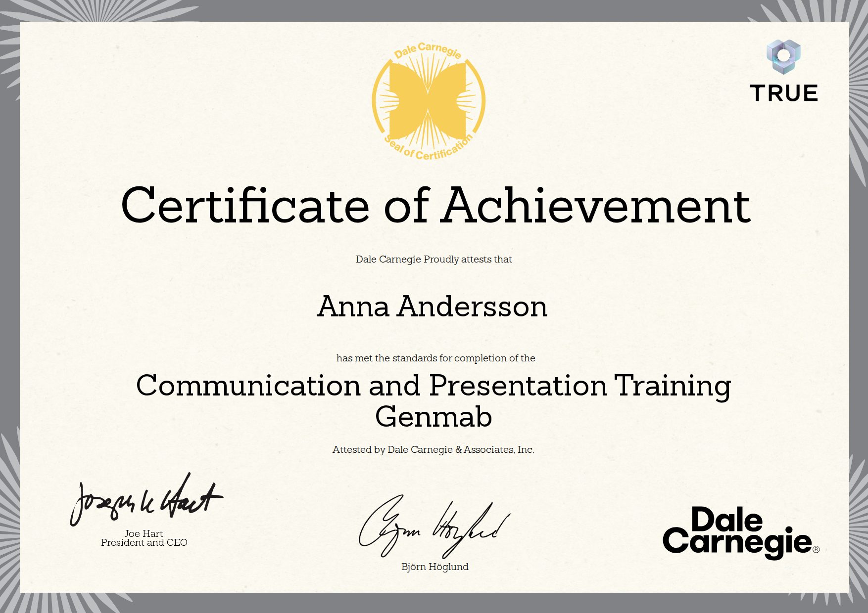 Example certificate for Communication and Presentation Training Genmab from Dale Carnegie