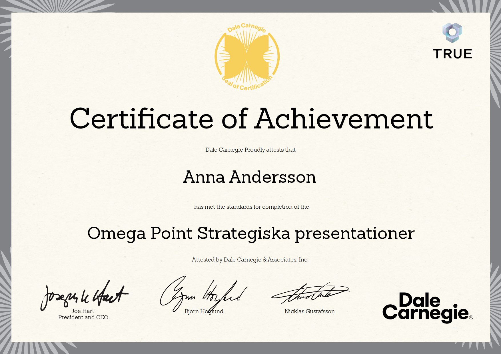 Exempel: diplom för Omega Point Strategiska presentationer från Dale Carnegie