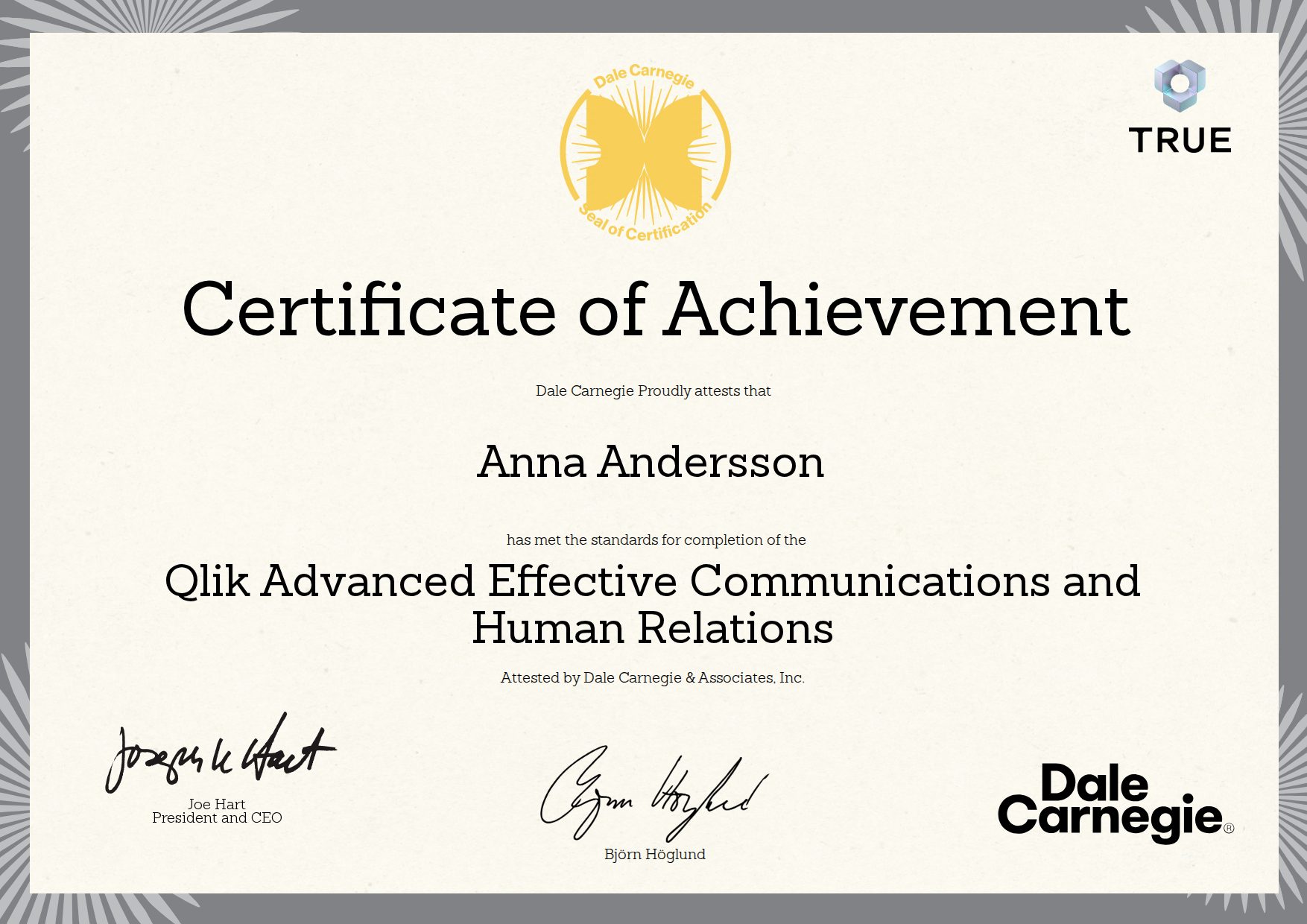 Exempel: diplom för Qlik Advanced Effective Communications and Human Relations från Dale Carnegie