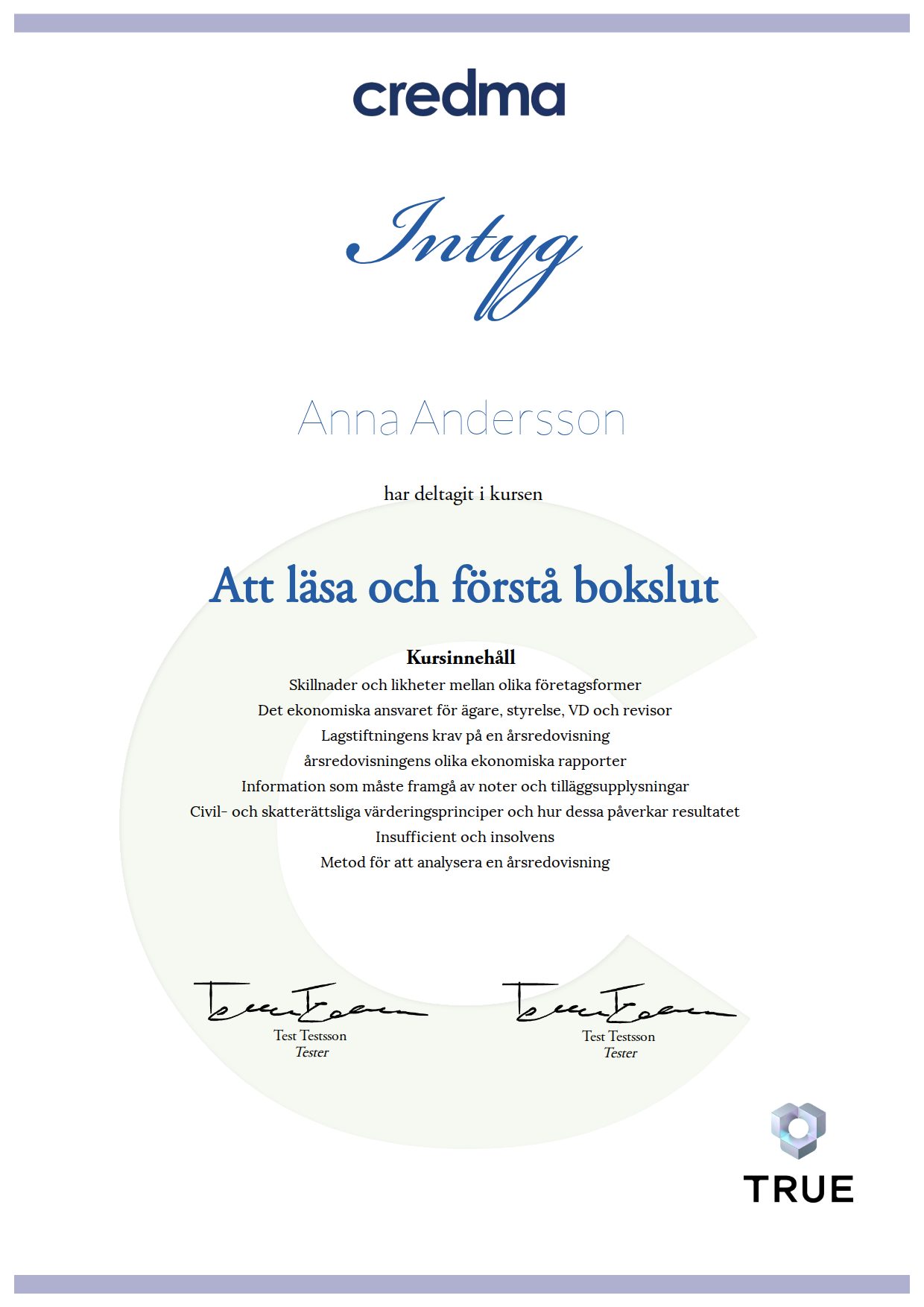 Exempel: diplom för Att läsa och förstå bokslut från Credma
