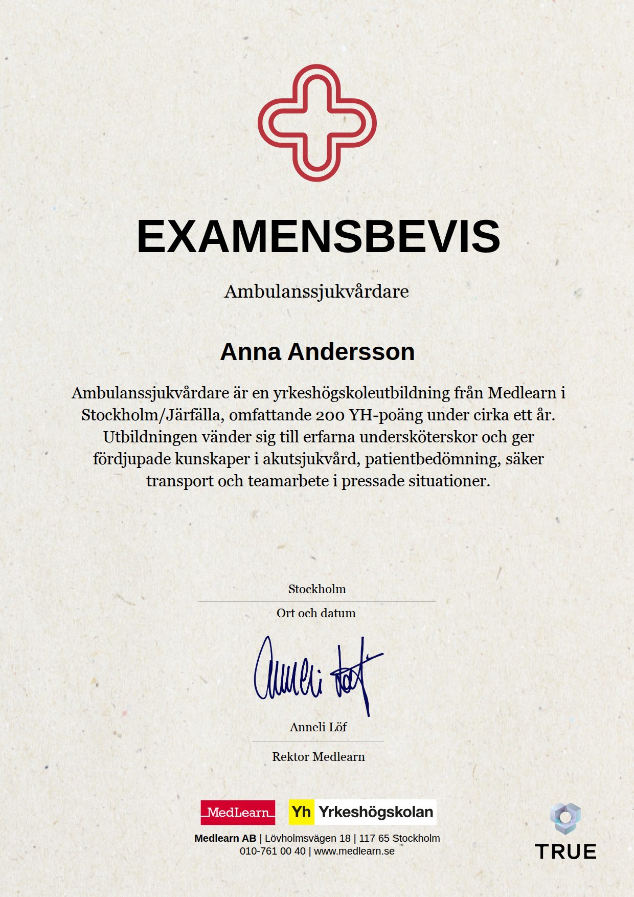 Example certificate for Ambulance Care Assistant from IRIS - MedLearn