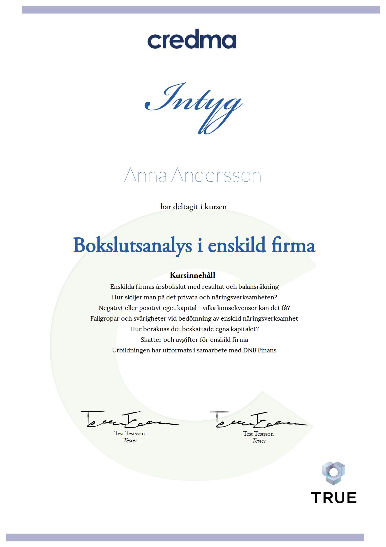 Example certificate for Annual Accounts Analysis for Sole Traders from Credma