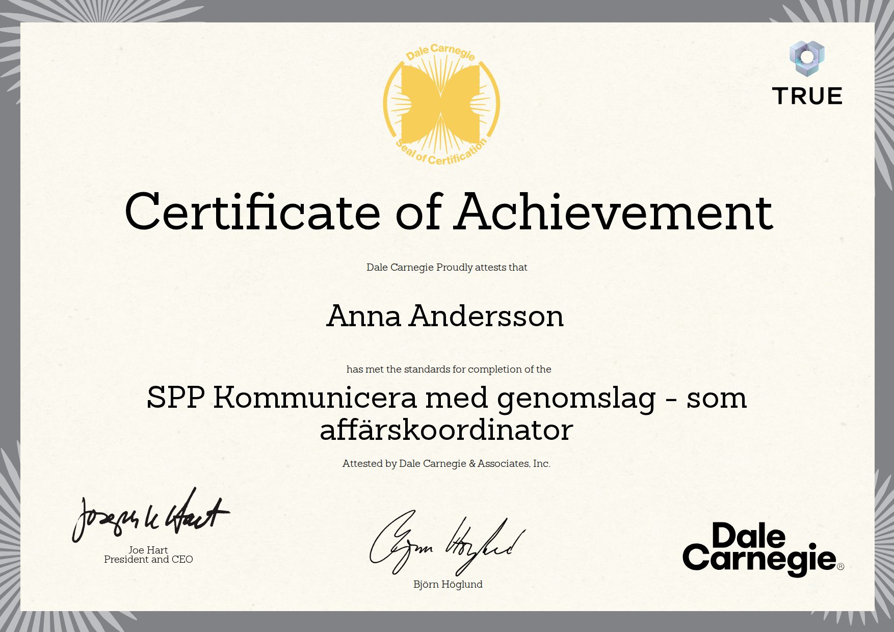 Exempel: diplom för SPP Kommunicera med genomslag - som affärskoordinator från Dale Carnegie