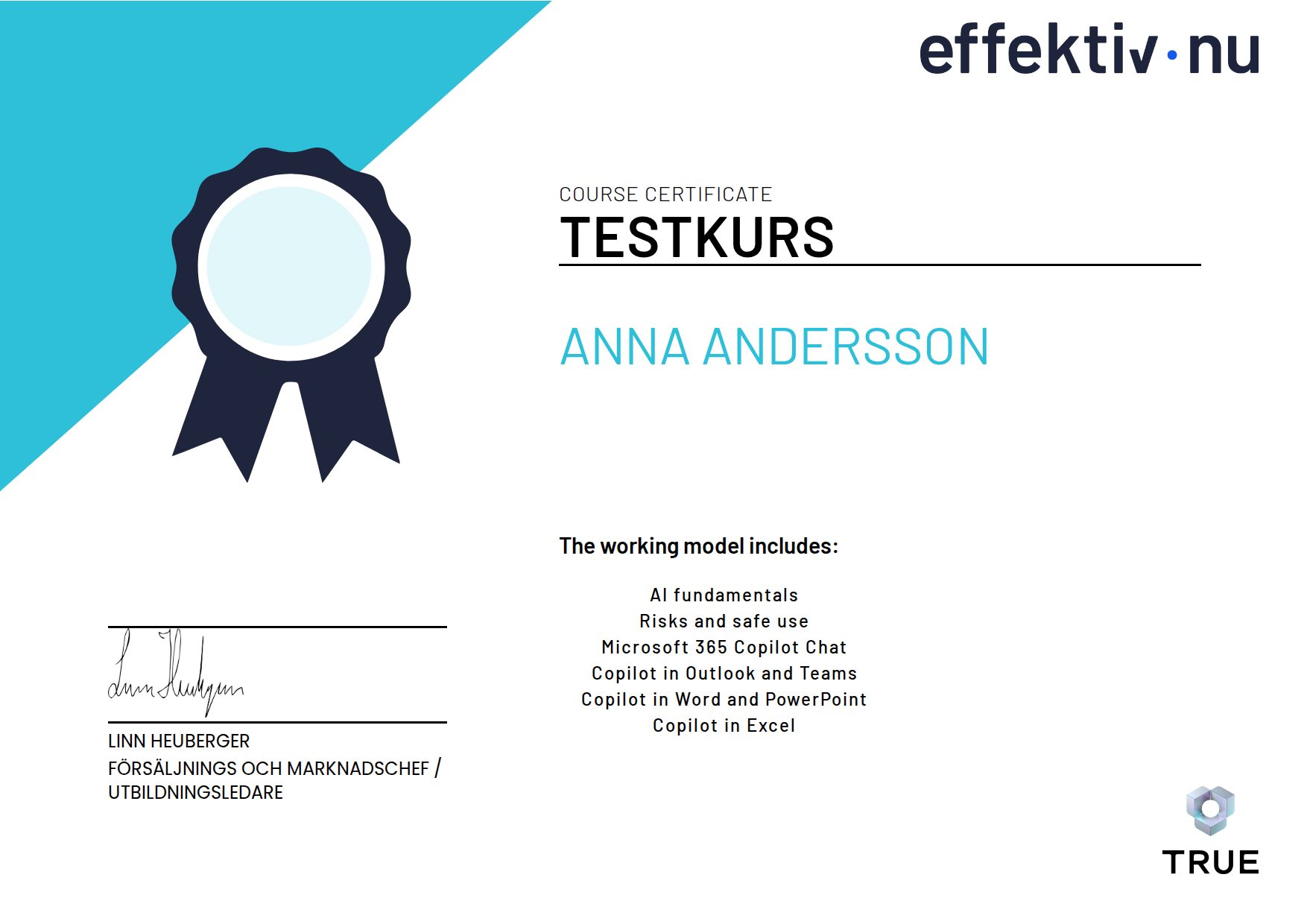 Example certificate for Microsoft 365 Copilot Premium from Effektiv nu