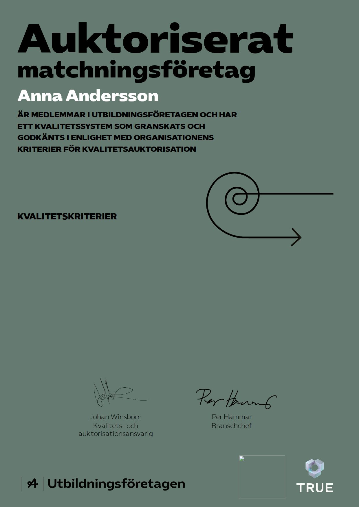 Example certificate for matching companies from Almega Utbildningsföretagen