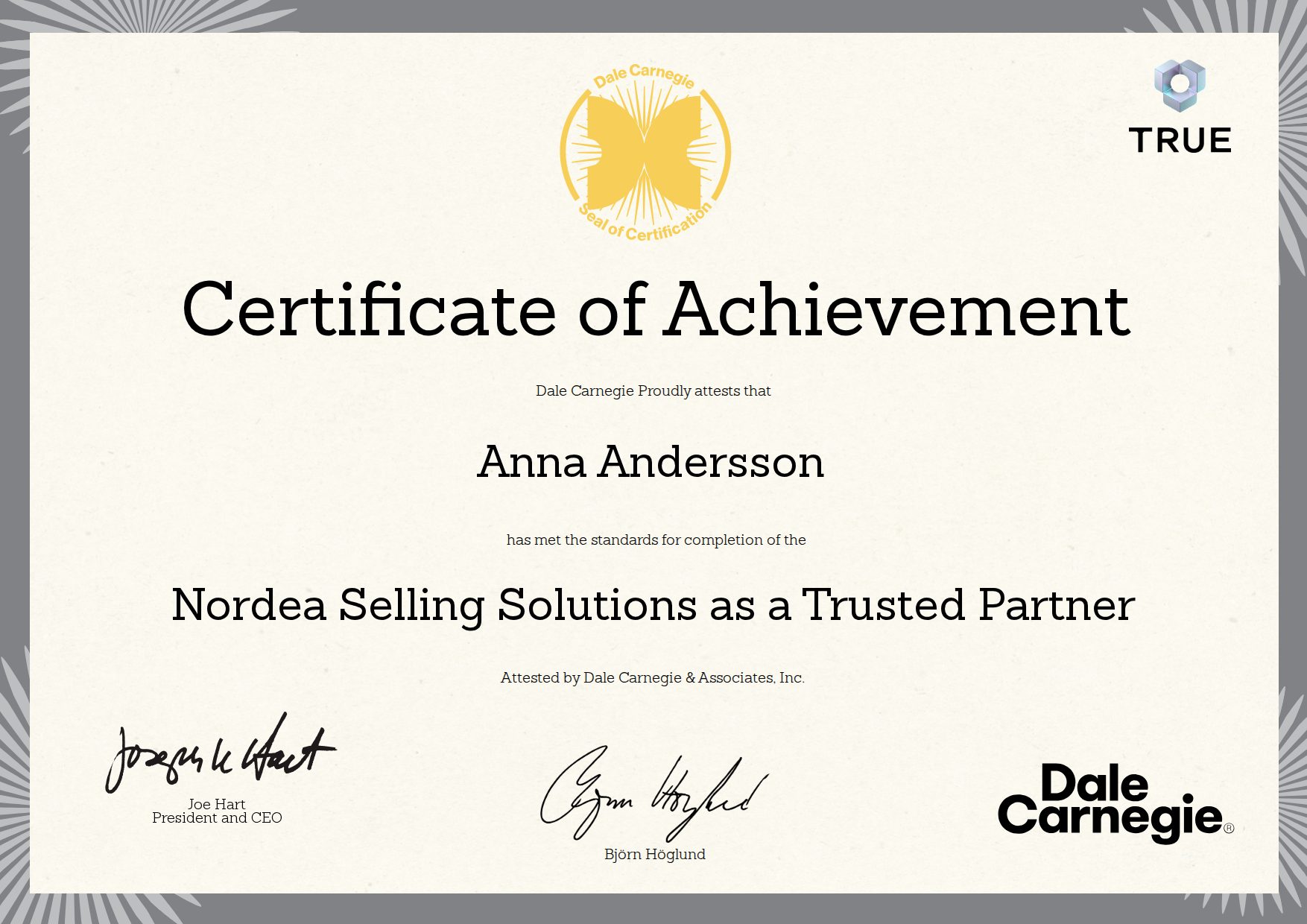 Exempel: diplom för Nordea Selling Solutions as a Trusted Partner från Dale Carnegie